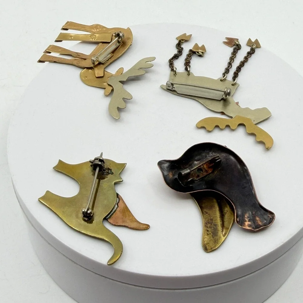 Lot of 4 Brass & Copper Tone Animal Brooch Pin Moose Cat Bird Folk Art Christmas
